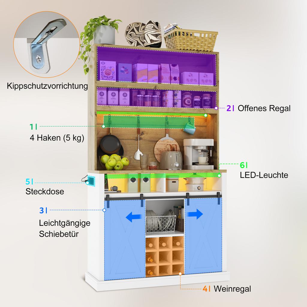 191 cm Kitchen Cabinet, Tall Cabinet with LED, Kitchen Shelf with Socket, Hooks, Wine Rack and Display Cabinet for Kitchen & Dining Room