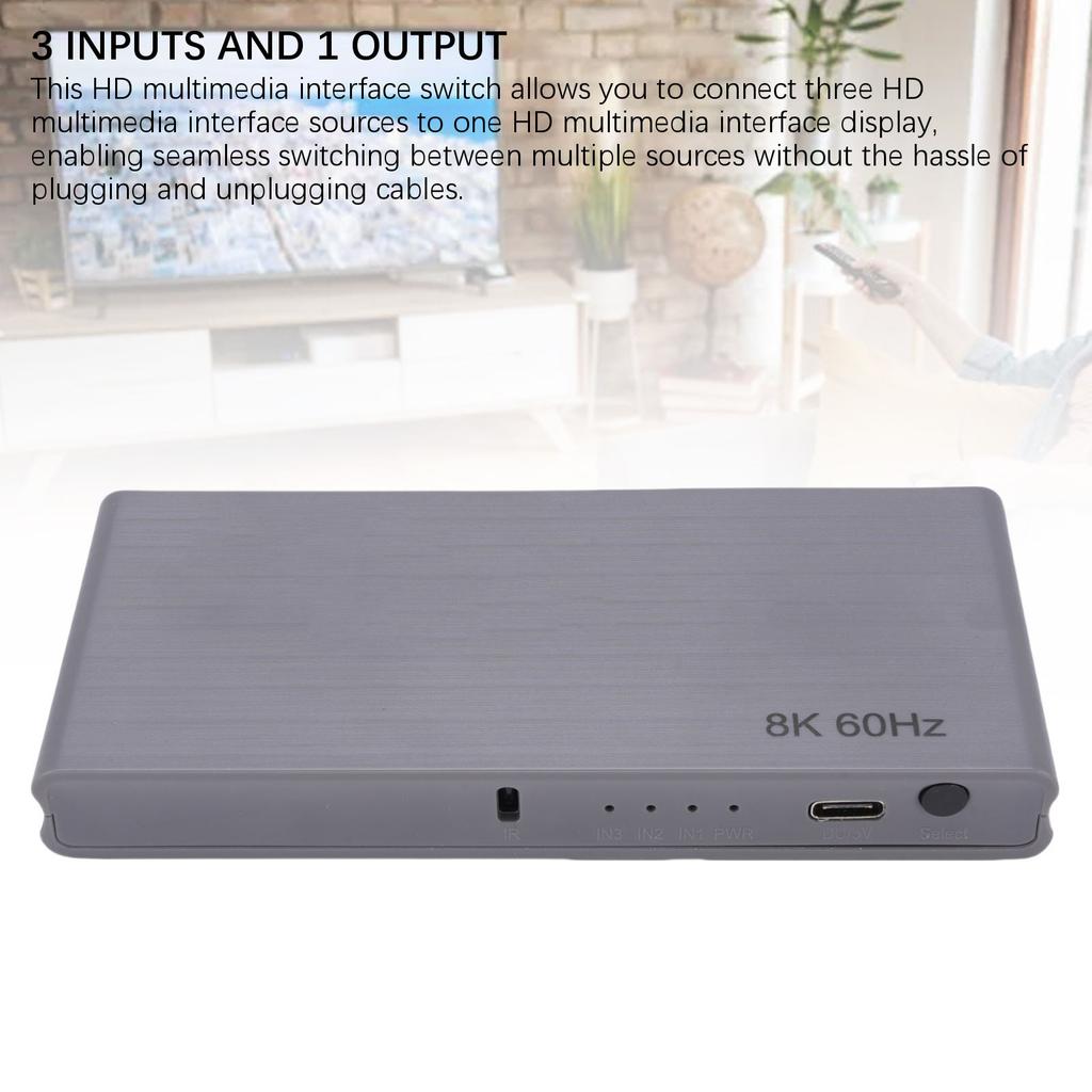 8K 3x1 HD Multimedia Interface Switch 40Gbps High Resolution Switch 4K 144Hz 8k 60Hz with Remote Control 3 Ports for