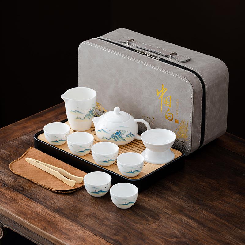 Suet Jade White Porcelain Tea Set Guochao Set Office Storage Kung Fu Tea Set Business Gift Tea Set