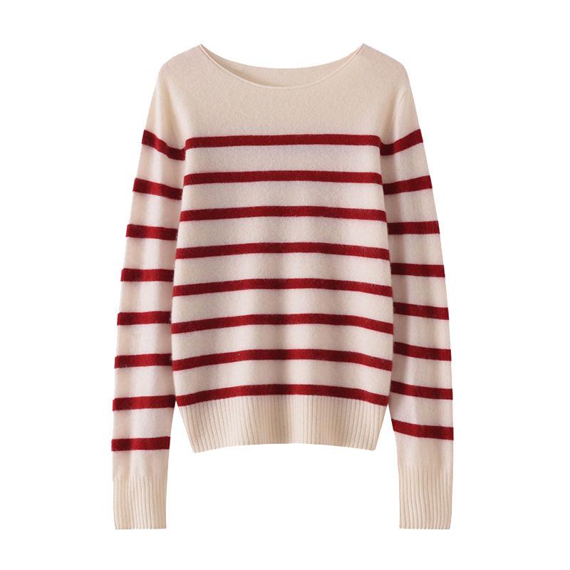 Women's Soft Cashmere One-Shoulder Sweater - Seamless, Loose Fit, Striped Pullover with Rolled Hem.