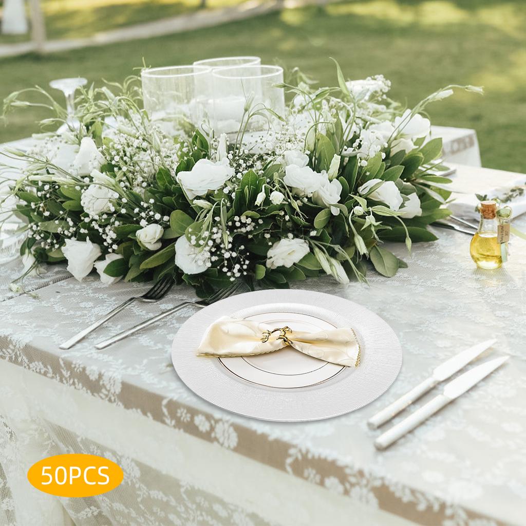 50pcs Silver Charger Plate Set - Round Modern Disposable Plates for Wedding, Party, Banquet - Elegant PP Plastic Serving Trays