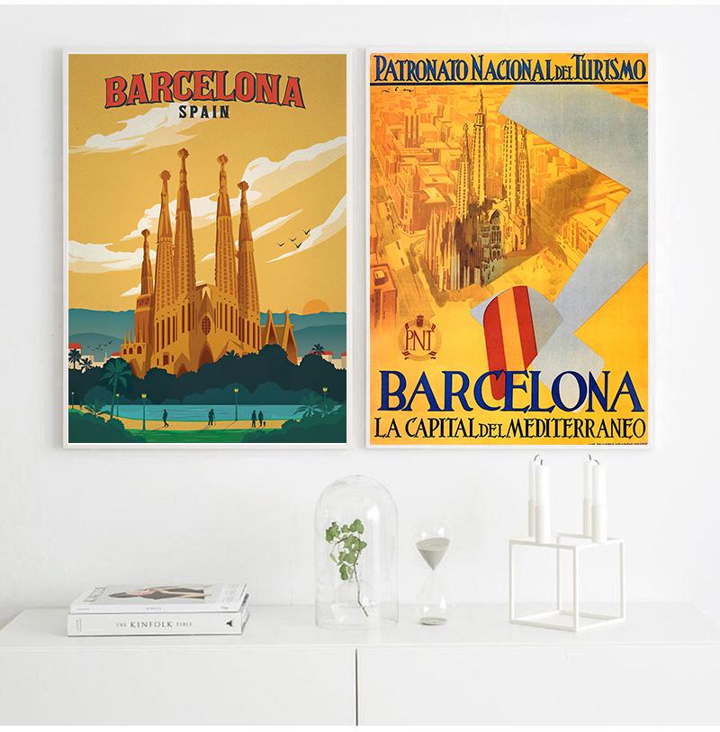 Europe Spain Barcelona Pop Art Travel Canvas Paintings Vintage Kraft Posters Coated Wall Stickers Home Decor Family Gift No Frame