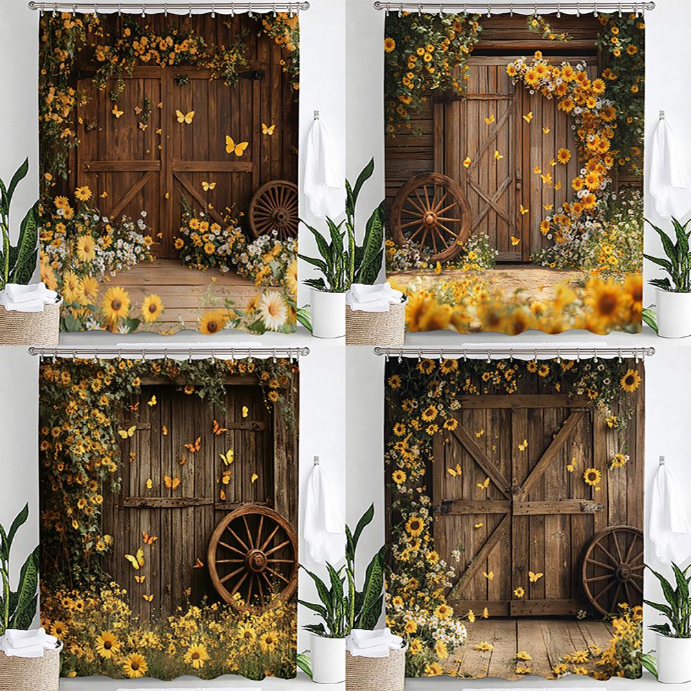 1pc Country Farm Barn, Flower Sunflower Print Waterproof Shower Partition Privacy Hanging Curtain with Hooks Machine Washable