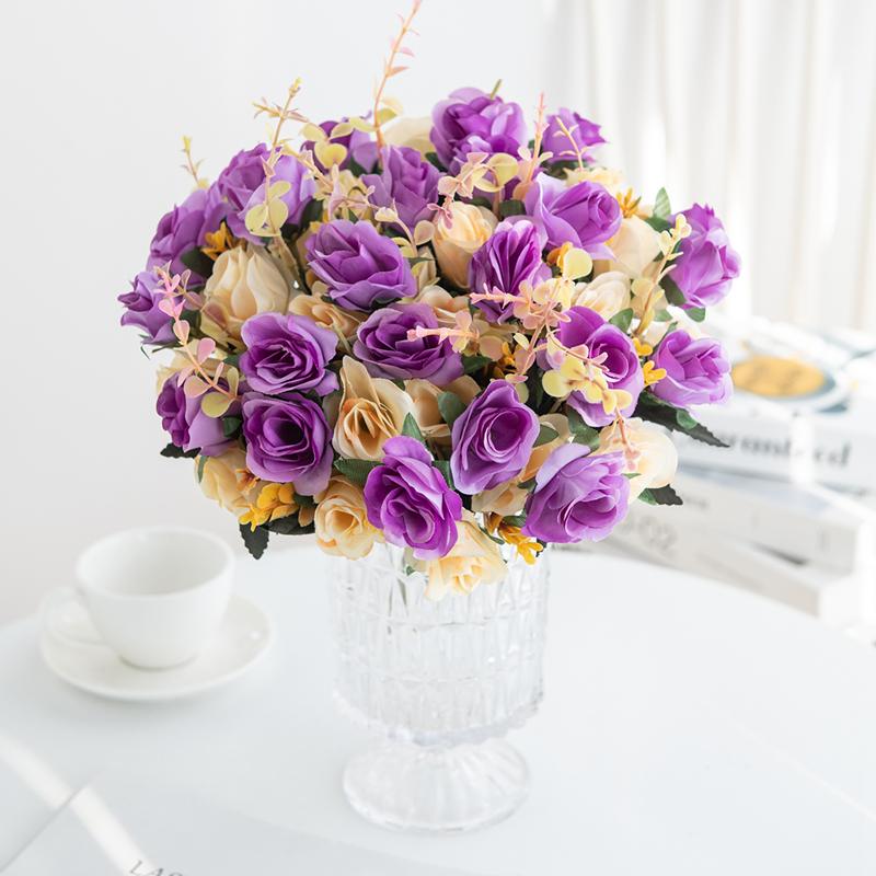 12 Heads Artificial Flowers Silk Mini Roses with Leaf Bouquet for Home Hotel Wedding Christmas Tables Decorations Bridal Bouquet