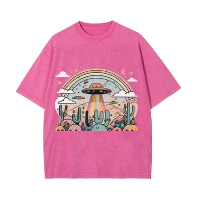 Vintage Πλυμένο Ουδέτερο Στυλ T-Shirt Χρώμα Ουράνιο Τόξο UFO Γραφική Εκτύπωση Υψηλής Ποιότητας Ύφασμα Στρογγυλή Λαιμόκοψη Φαρδιά Κοντά Μανίκια
