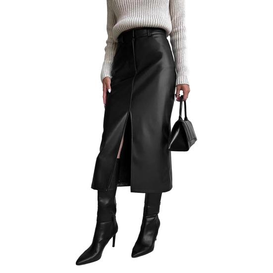 Jupe Rétro Automne Hiver Faux Cuir Jupe Taille Haute avec Fentes Latérales Couleur Unie Coupe-vent Jupe Midi