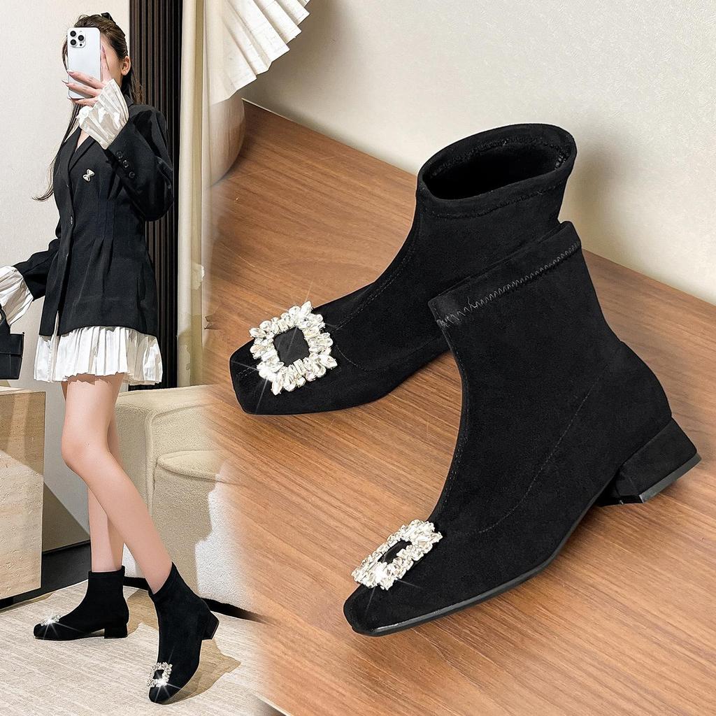 Autumn/Winter Rhinestone Buckle Chunky Heel Slimming Velvet Sock Boots for Women