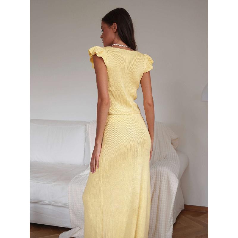 Completo gonna in maglia 2026 estate nuovo stile elegante scollo a V manica corta a volant top gonna lunga set