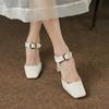 2024 Summer New Women Shoes Square Toe High Heels Cover Heel Shoes Women Genuine Leather Women Sandals Concise Retro Mary Janes