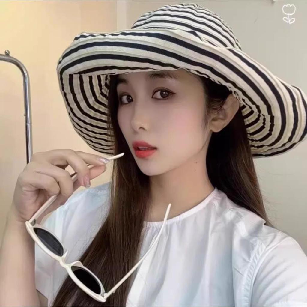 Women's Korean-Style Striped Foldable Bucket Hat with Sun Protection, Large Size