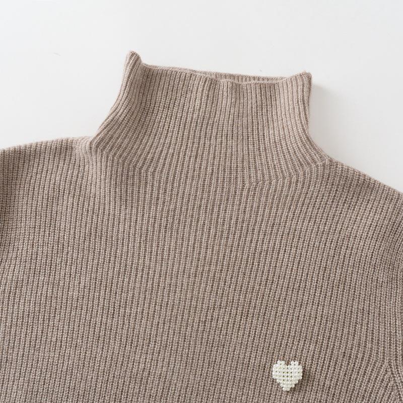 2024 Women's Slim Fit Cashmere Sweater - Fashion Knit Top with Love Heart Pearl Accent & Half High Neck
