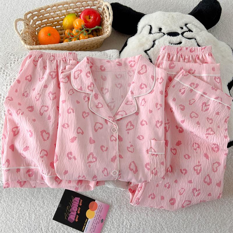 Cute Girl Love Leopard Print Short-Sleeved Pajamas Women'S Summer Cloud Cotton Three-Piece Loungewear