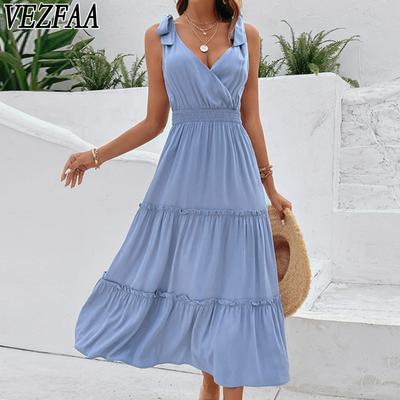 Women's Fashion Summer Spring Solid Color Print Sleeveless V-Neck High Waist Casual Dresses