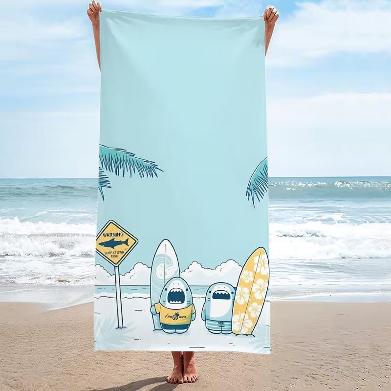 Modern Cartoon Shark Print Oversized Soft Beach Towel with Light Blue Deep Blue White Shark Pattern Suitable for Travel Towels
