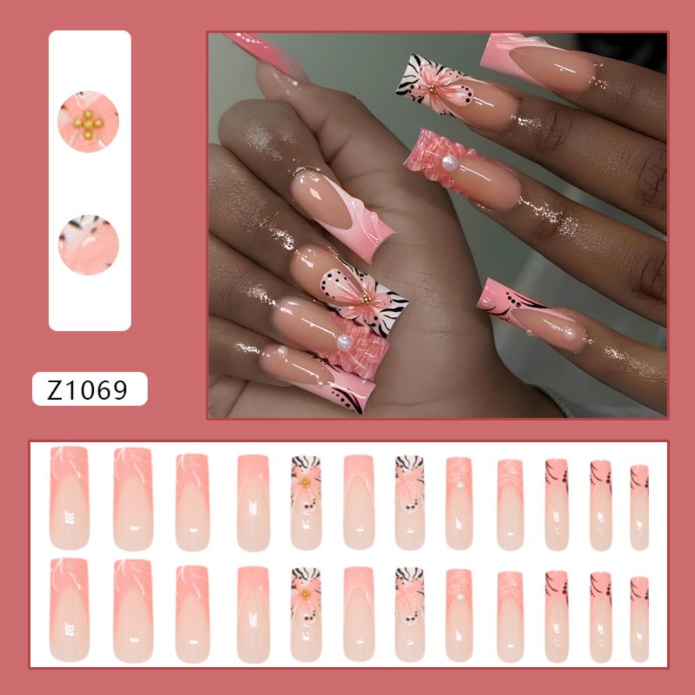 24pcs Long Ballerina Fake Nails Carved Flower Nail Tips Fashion Press On Nails  Women Girls