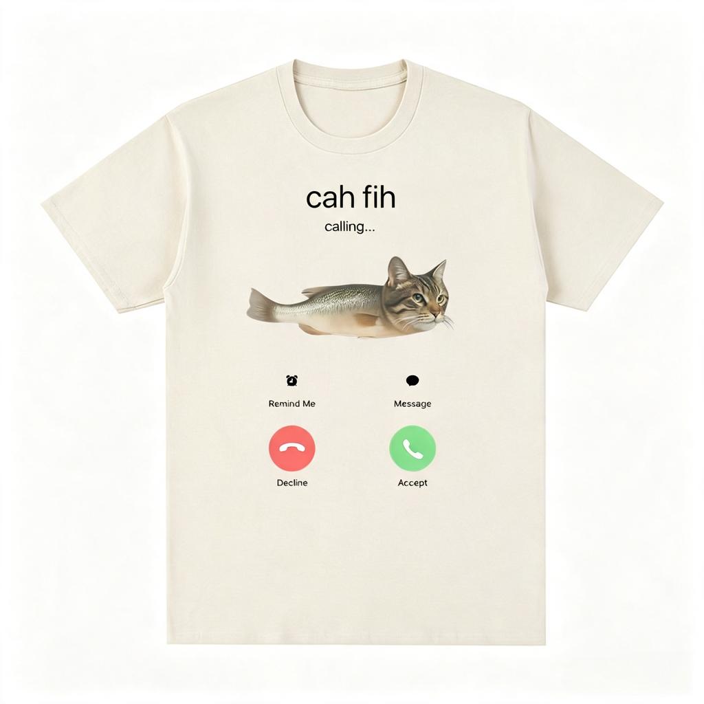 Cah Fih Meme Funny Calling Cat Fish Hybrid Meme Cotton T Shirts Absurd Humor Internet Culture Gift Viral Short Sleeves Tshirt