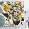 Eucalyptus Leaves Shower Curtain, Retro Mid Century Modern Branches On Triangles And Circles, Cloth Fabric Bathroom De