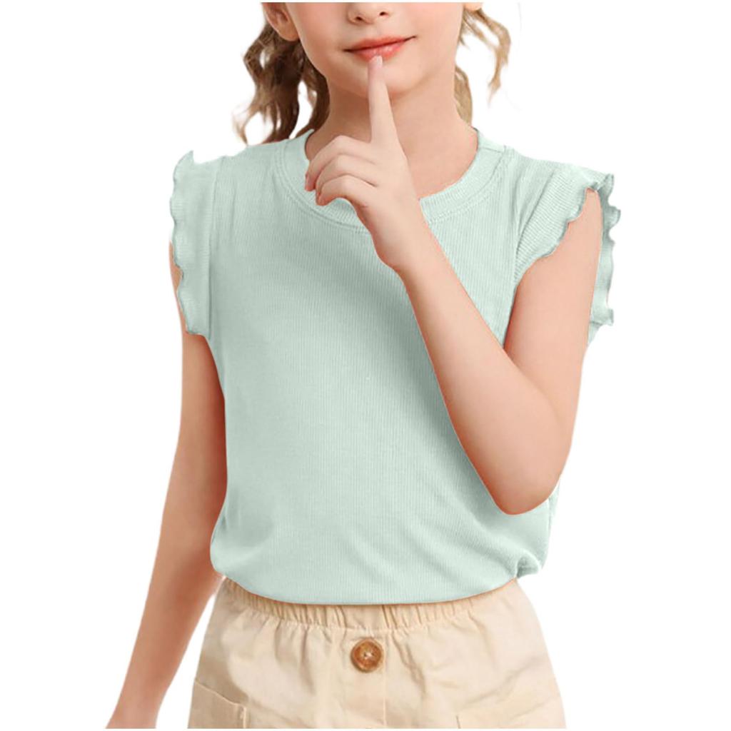 Girls Ruffle Sleeveless CuteKids Tops Loose Crewneck Pullover Casual Tees