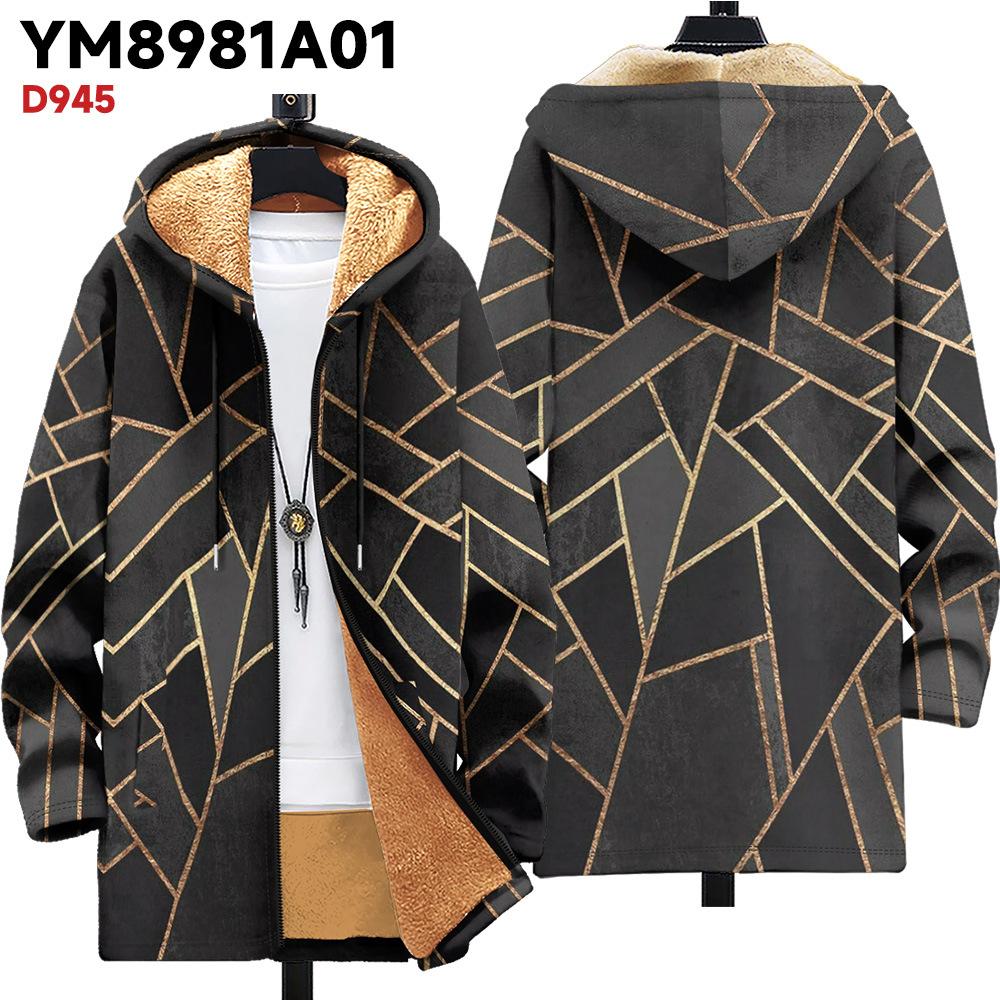 New Jacket: Multi-colored Pattern Elements, Zipper Hooded Cardigan, Thickened Winter Fleece Padded Clothes, Yellow Lining, Trendy Cotton Clothes