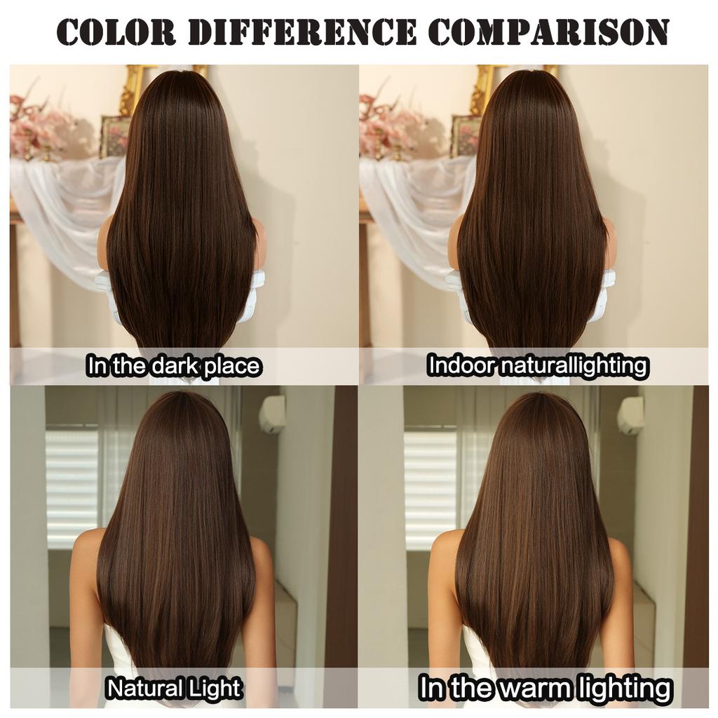 64cm Long Straight Layered Wig with Bangs – Heat-Resistant Synthetic Hair in Brown, Auburn, Ash Blonde, Gold, Black & Pink