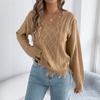 Women's Casual Color V-Neck Cable Knit Long Sleeve Sweater for Everyday Wear