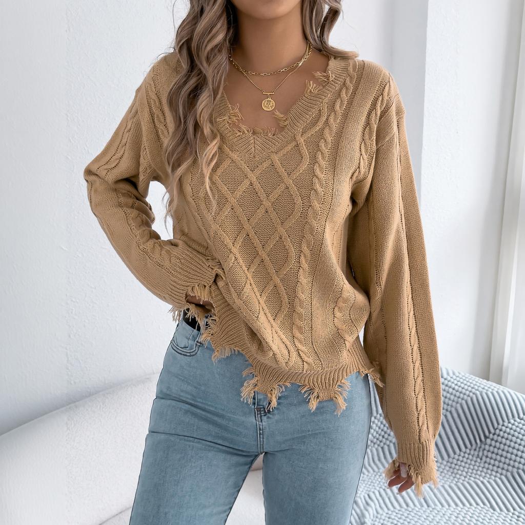 Women's Casual Color V-Neck Cable Knit Long Sleeve Sweater for Everyday Wear