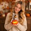 LED Light Up Pumpkin Skeleton Figurine Halloween Tabletop Decoration with Lantern for Indoor Outdoor Festival Display Prop