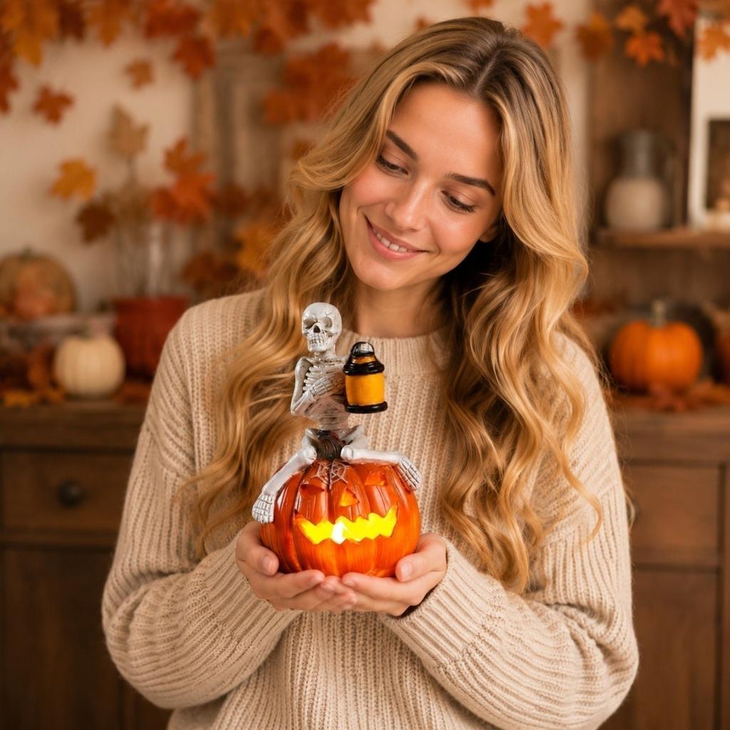 LED Light Up Pumpkin Skeleton Figurine Halloween Tabletop Decoration with Lantern for Indoor Outdoor Festival Display Prop