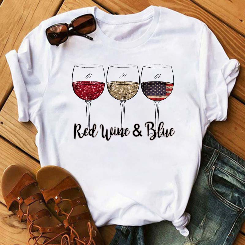 New Women T-Shirt Casual Short Sleeve T Shirt Women's Fashion Rose Red Wine Glass Printed Black T-Shirt Female Tops Tees