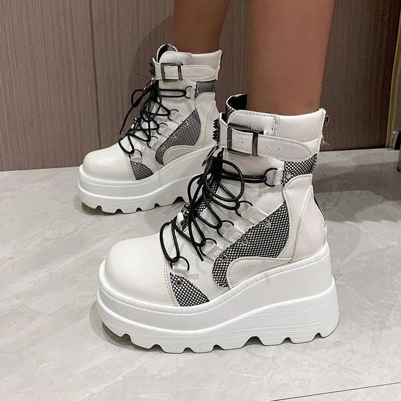 Women's Punk Style Thick-soled Wedge-heeled Knight Boots Large Size Cross-lace Thick-soled Mid-tube Ladies Gothic Cowboy Boots
