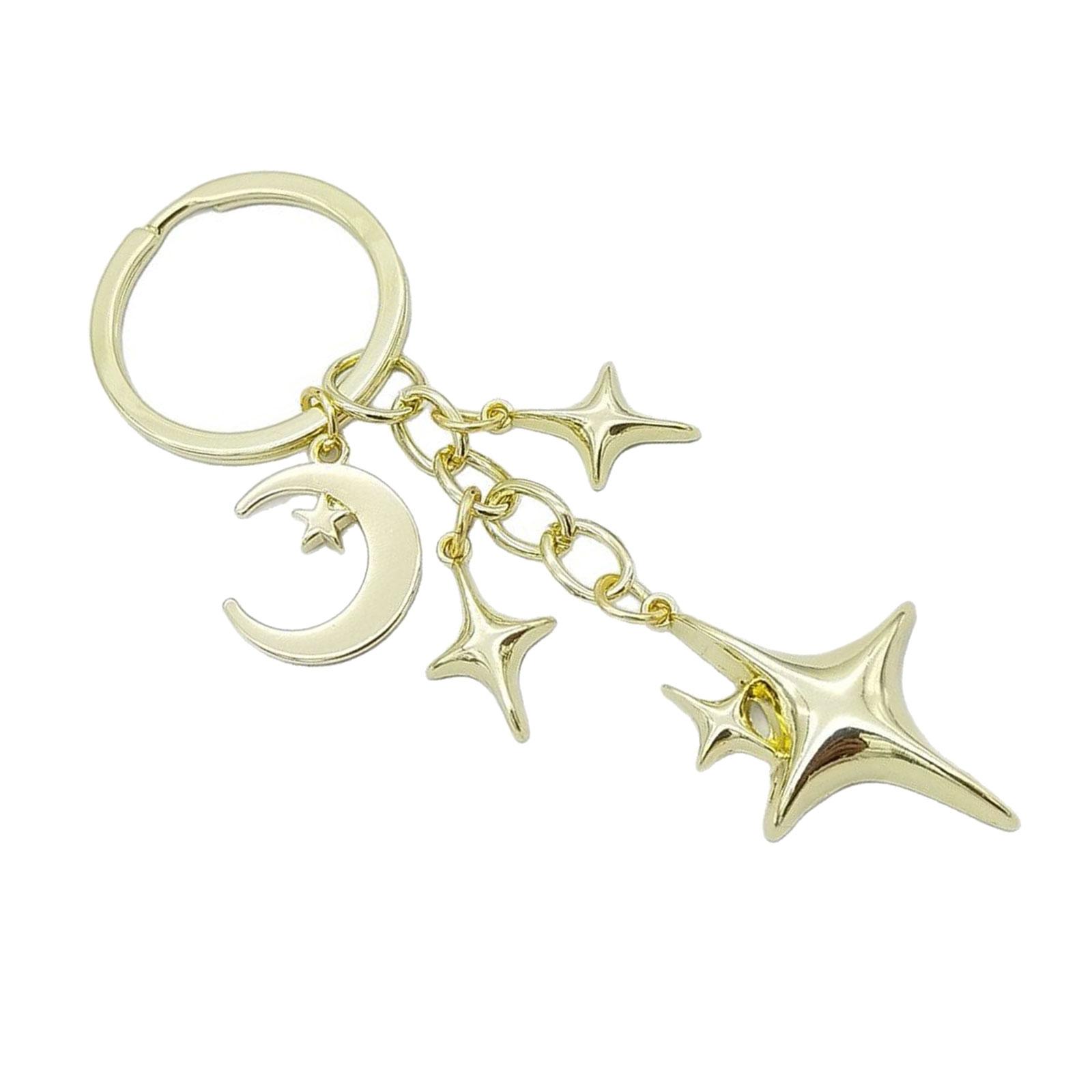 

Elegant Cutout Four Pointed Star and Moon Keychain Pendant Durable Alloy Lightweight for Women Gift Bag Charm Accessory A