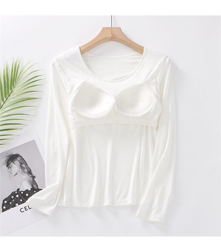 Damen Langarm Rundhals T-Shirt mit integrierten kabellosen Cups – Schlankmachende Yoga Basisschicht