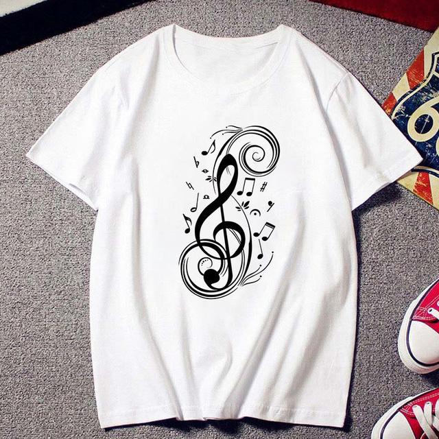 Fashion Creative Musical Note Printed T Shirt Female Harajuku Tshirt Ulzzang Clothes Vintage New White T -Shirt Women Tees Tops