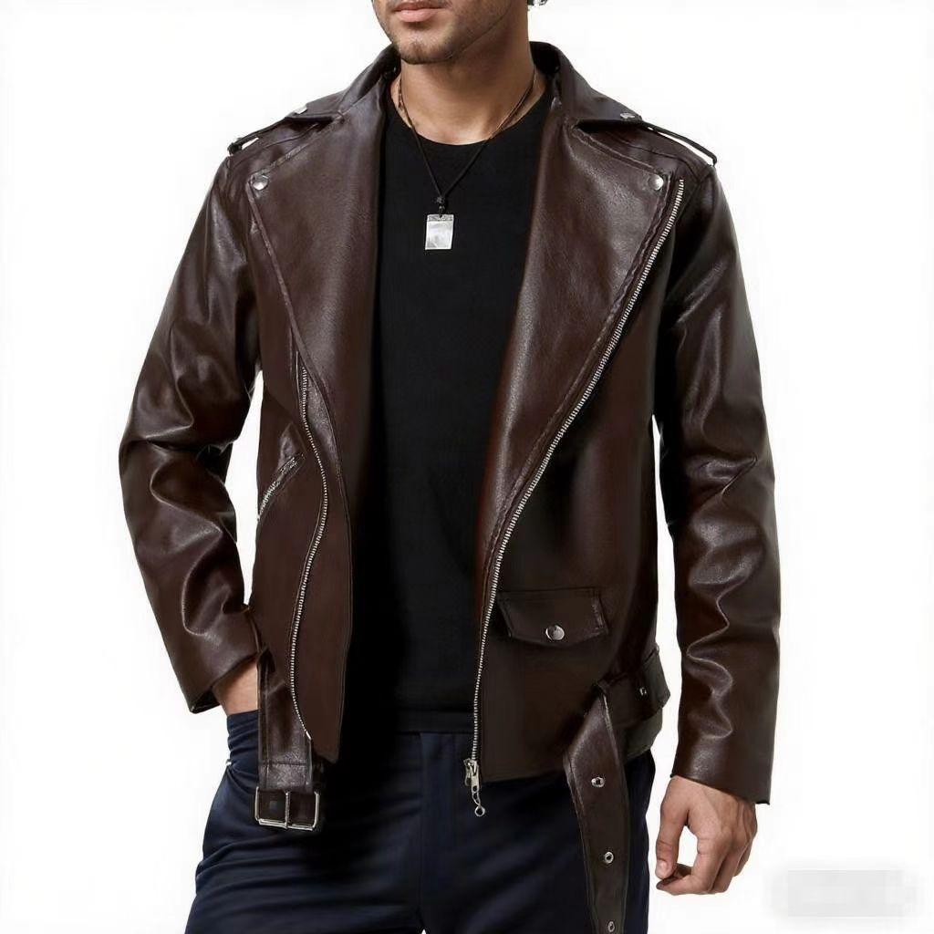 Autumn Winter Casual Men's PU Leather Jacket Fashion Slim Fit Turn Down Collar Moto Biker Coat Trendy Men's Outerwear