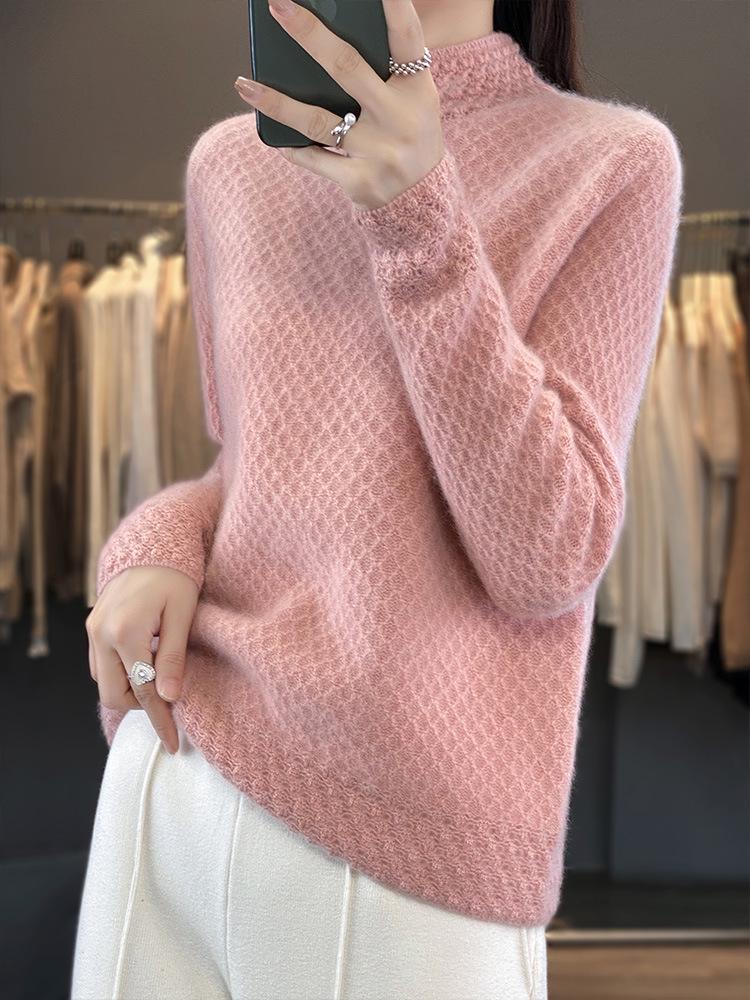 Women's 100% Wool Knitted Semi-High Neck Sweater - Thick, Loose, Slimming Autumn/Winter Wear