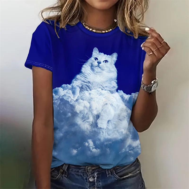 3D Printed Artistic Cat Pattern Women's T-Shirt Fun Animal Pet Design Summer Casual Short Sleeve Round Neck Top