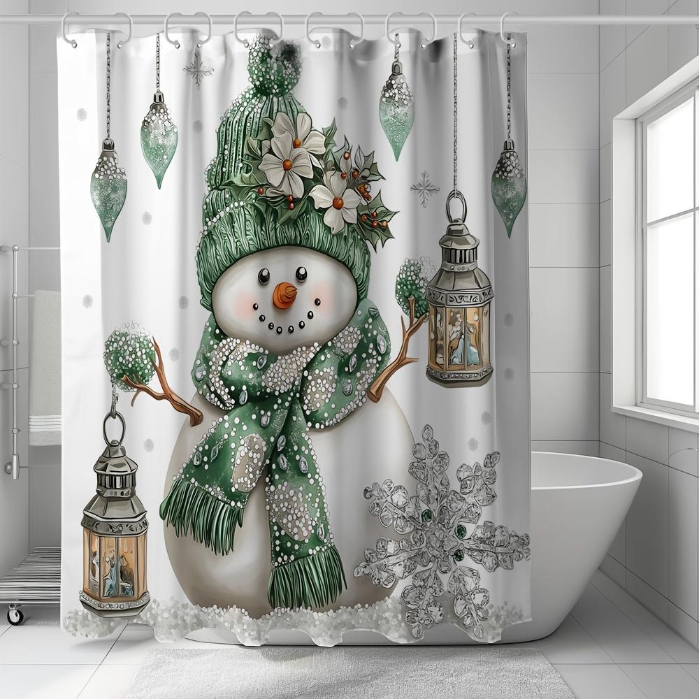 

Artistic Snowman Shower Curtain - Green Hat, Flowers & Lanterns In Winter Wonderland Scene For Festive Bathroom Decor W60H190(CM)-1 Pcs