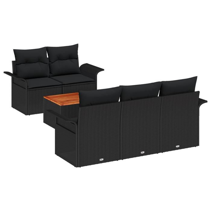 VidaXL Canapé de jardin 6 pièces avec coussins noir poly rotin acacia 3347268