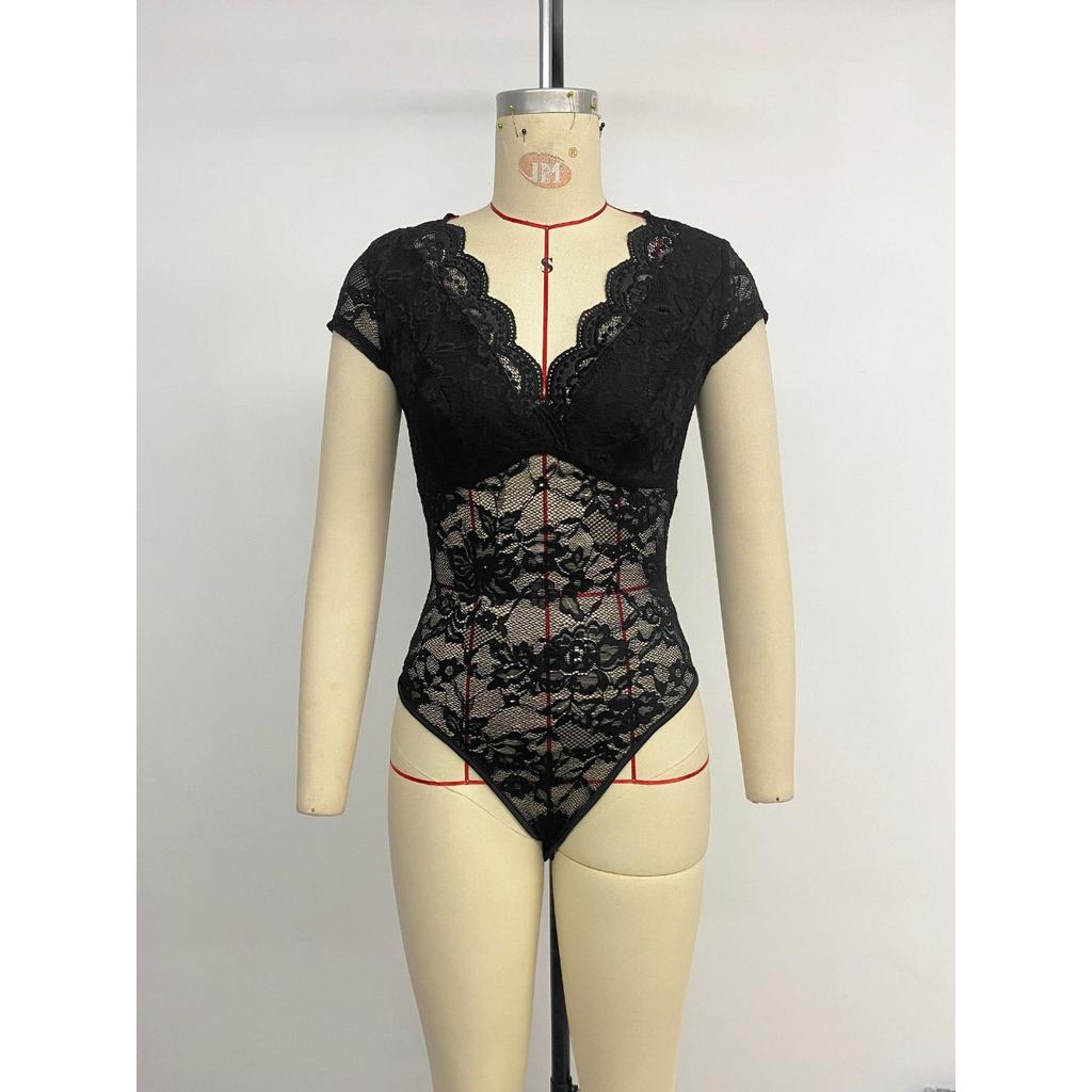 New Women's Sexy Lace V-Neck Black Bodysuit, European American Style, Cross-border Fashion Lingerie Top