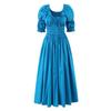 Wood Ruched Chest Bow U Collar Puff Sleeve Dress Elastic High Waist Pleated Swing Midi Long Dresses Holiday Vestidos