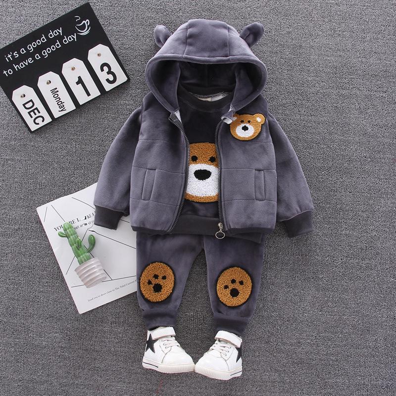 Autumn Winter Baby Boys Clothes Sets Thick Fleece Cartoon Bear Jacket Vest Pants 3Pcs Cotton Sport Suit For Girls Warm Outfits