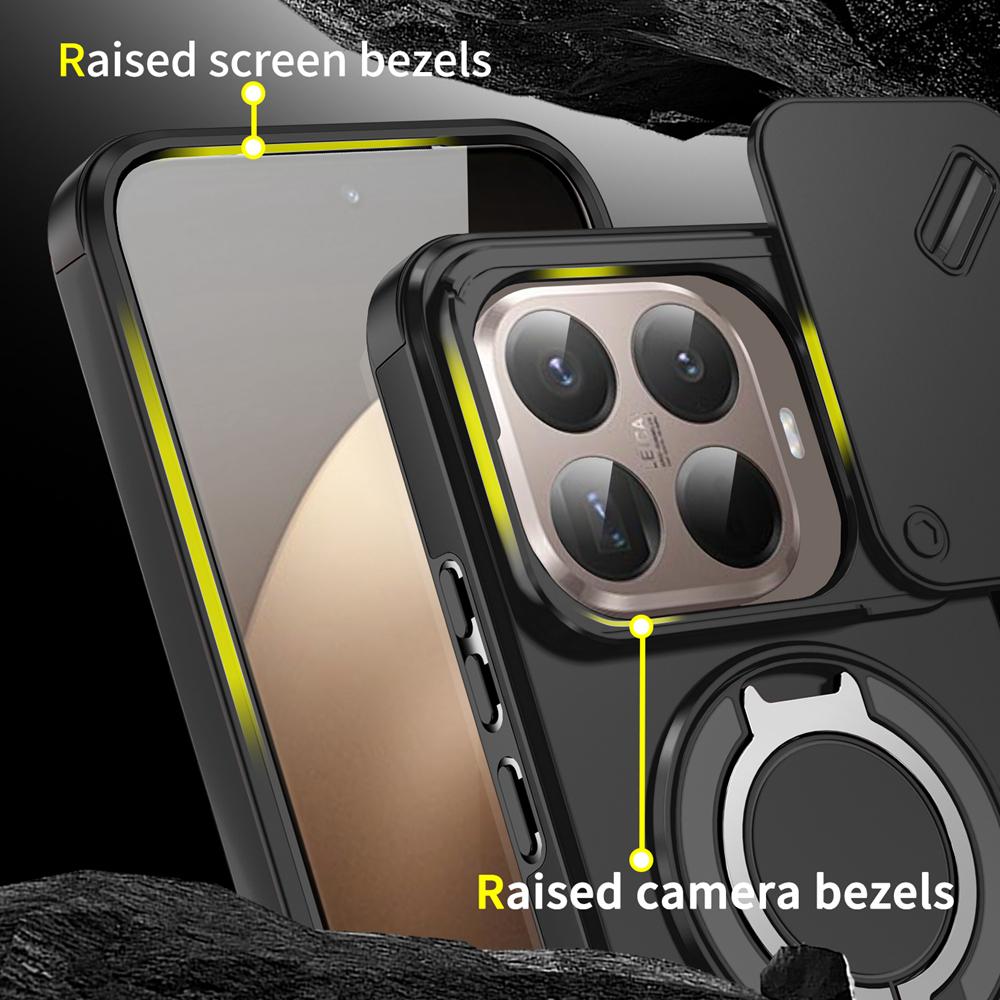 KEYSION 360° Rotating Ring Stand Phone Case for Xiaomi 15T 15T Pro Silicone+PC Slide Camera Protection Magnetic Shockproof Cover