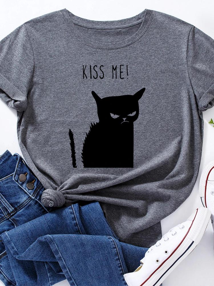 Kiss Me Black Cat Print T Shirt Women Short Sleeve O Neck Loose Tshirt Summer Women Causal Tee Shirt Tops Camisetas Mujer