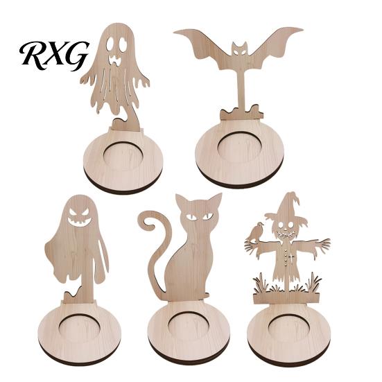 Halloween Candle Holder Wooden Holder, Silhouette Ghost/Bat/Scarecrow/Bat Table Centerpiece Tealight for Home Fireplace Decor Solid Wood Stand