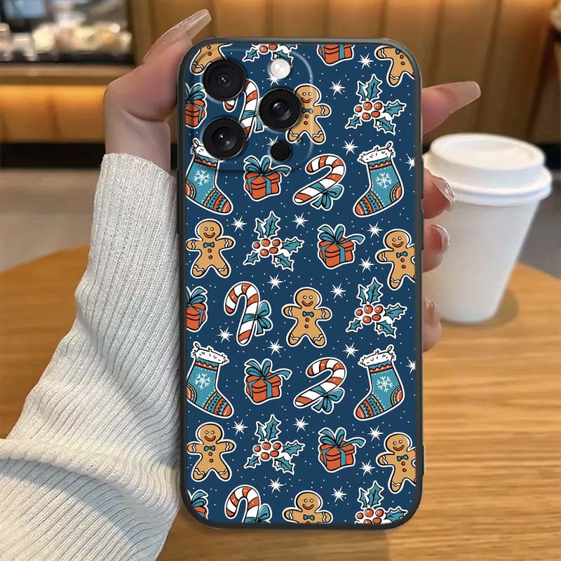 Weihnachts-Cartoon-Muster Handyhülle für Apple iPhone 17 16 16E 15 14 13 12 11 Pro Max Plus Schwarzes Weiches Silikon
