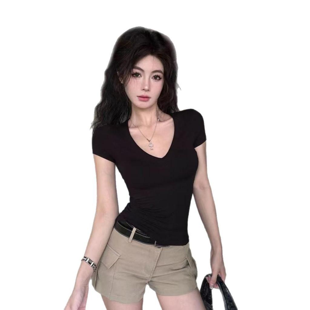 Korean Style V-Neck Solid Color Short Sleeve Women's T-Shirt - 2026 Summer Slim Fit