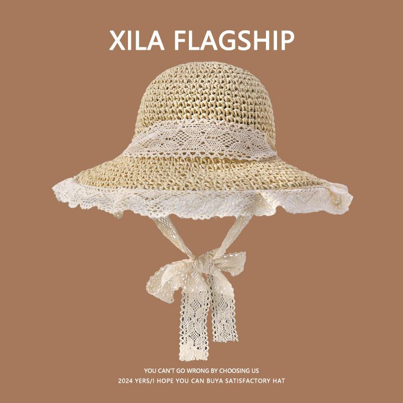 Chapeau de paille pour femme, protection solaire d'été, à larges bords, avec décoration florale, pour les vacances à la plage