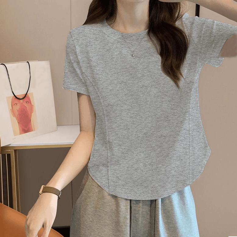 Women's Short Sleeve Tee O Neck Japanese Casual Top Cotton Curved Hem Seam Detail Slim Fit T Shirt