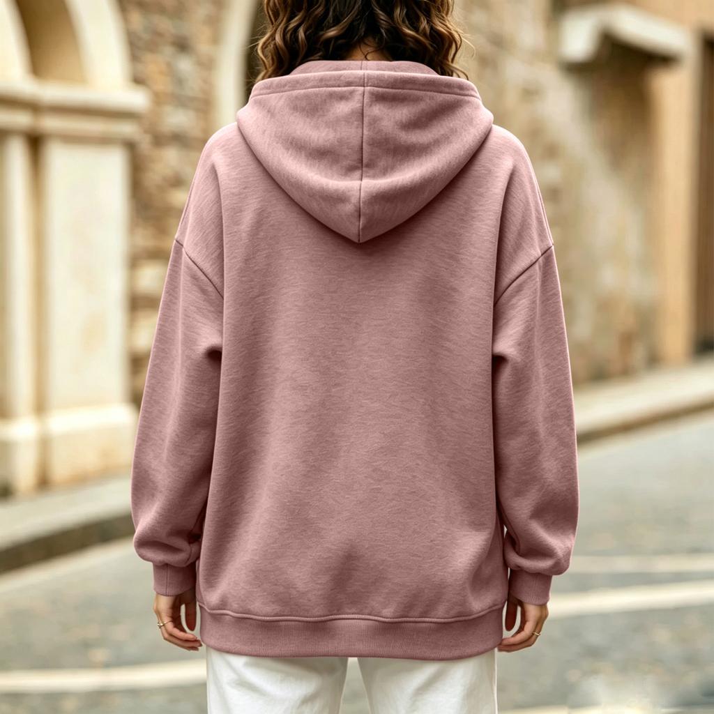 Felpa da donna casual con cappuccio e scollo a V, vestibilità larga