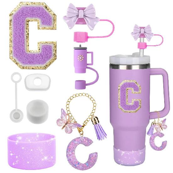8PCS Accessories Set for Stanley Cup Purple 30oz 40oz Tumbler Silicone Straw Topper Cover Cap Boot Handle Charm Initials Sticker Cup Holders 5